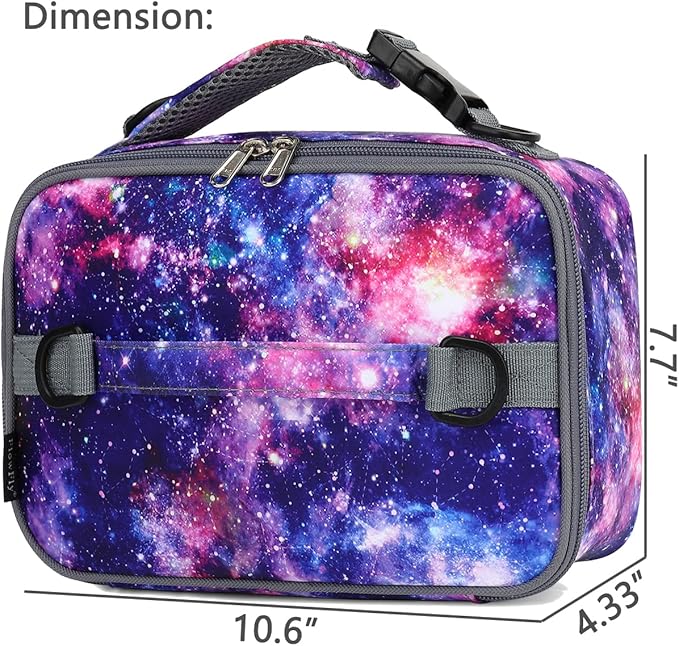 FlowFly Kids Lunch Bag, Durable Insulated School Lunch Box with Shoulder Strap and Bottle Holder, Water-resistant Thermal Small Lunch Cooler Tote for Teen Boys & Girls,Galaxy