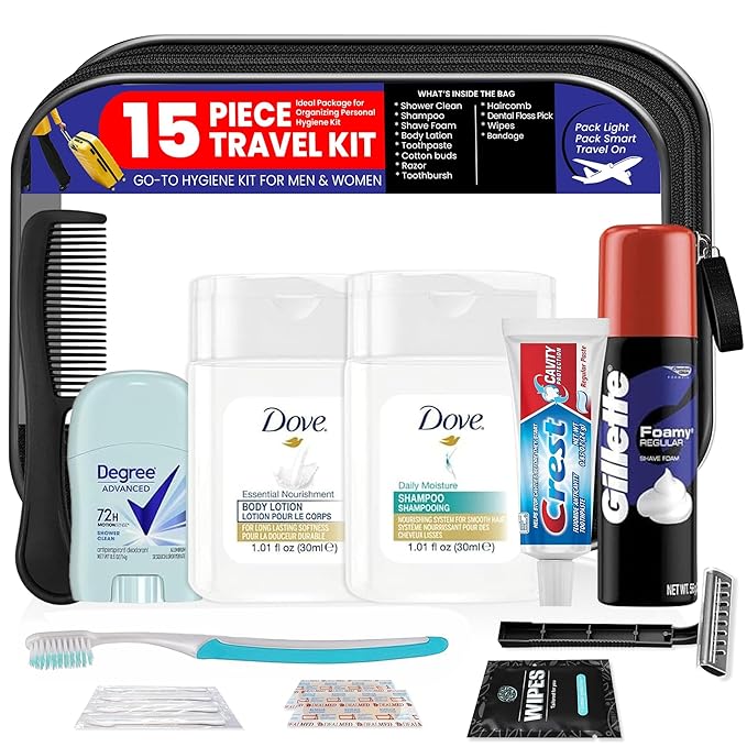 Trektote Travel Toiletry Kit For Men – 15 Piece Set of Travel Size Toiletries, TSA Compliant, Includes Dove Shampoo And Conditioner, Gillette Shave Cream, Reusable Toiletry Bag & More
