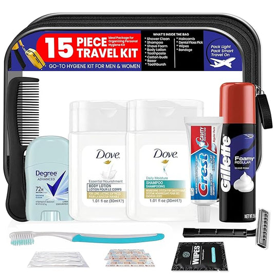 Trektote Travel Toiletry Kit For Men – 15 Piece Set of Travel Size Toiletries, TSA Compliant, Includes Dove Shampoo And Conditioner, Gillette Shave Cream, Reusable Toiletry Bag & More