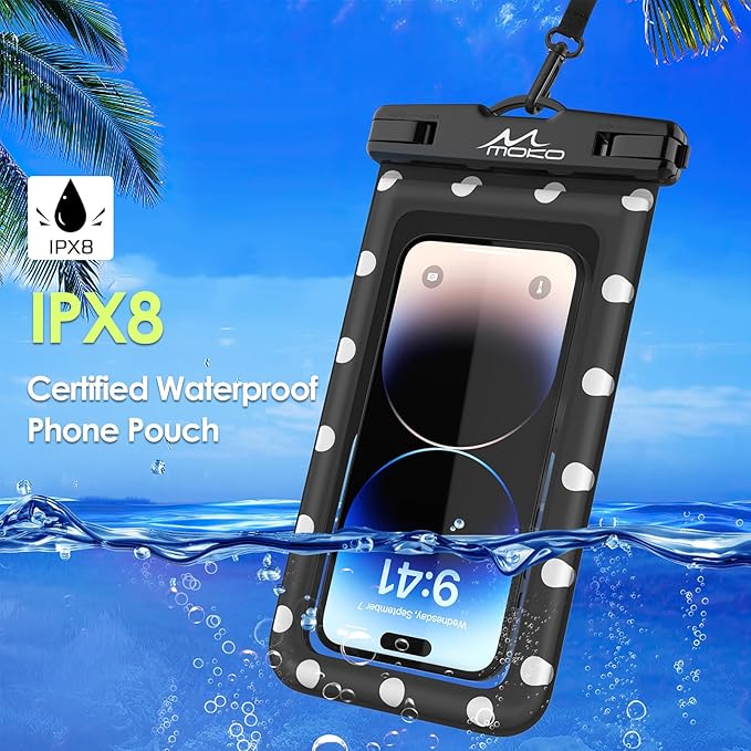 MoKo Large Waterproof Phone Pouch - 2 Pack Floating Water Protector Case Dry Bag with Detachable Lanyard, Compatible for iPhone 15 14 13 Pro Max, Galaxy S23 S22 Ultra, Black+Pink