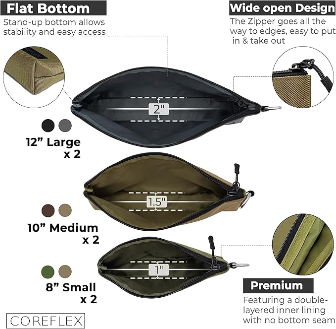 COREFLEX Premium Tool Pouch Zipper Bag, Small Tool Bag, Multipurpose Storage pouch, Heavy duty Flat Bottom Tool bag with YKK Zipper (6 pack Combo mixed size)