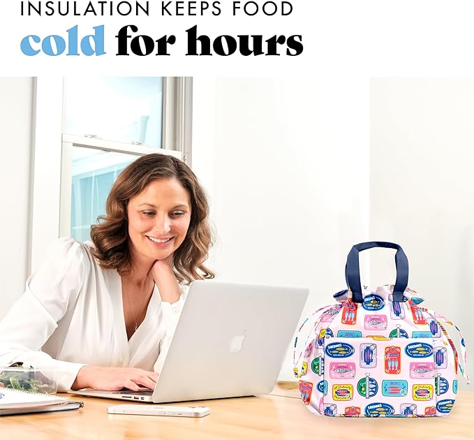 Fit & Fresh Lunch Bag For Women, Insulated Womens Lunch Bag For Work, Stain-Resistant Large Lunch Box For Women With Containers, Cinch Closure Cromwell Bag, Assorted Sardine Cans