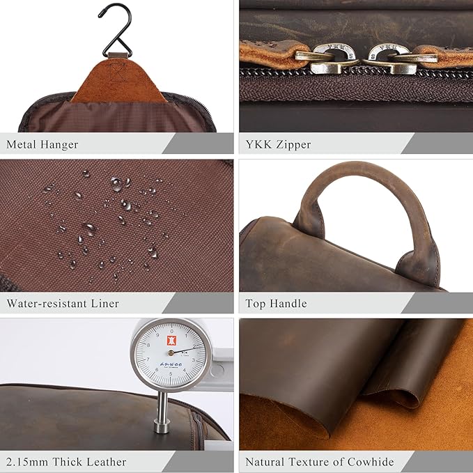 Masa Kawa Leather Hanging Travel Toiletry Bag for Men Portable Expandable Camping Cosmetics Makeup Toiletries Organizer Vintage Bathroom Shaving Kit Brown Wash Bags