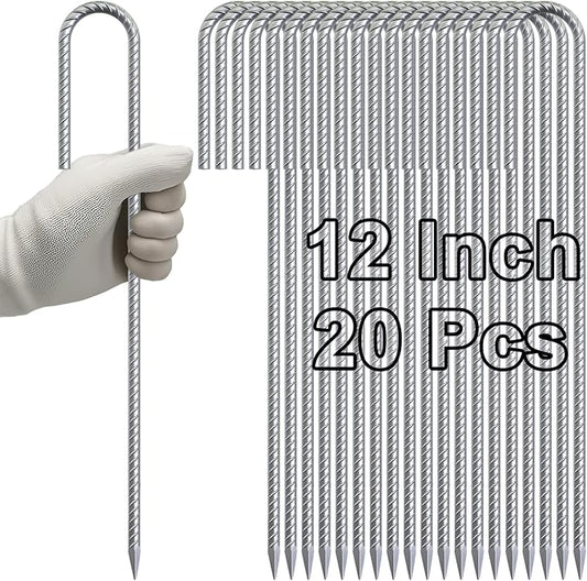 VVOKGO Rebar-Stakes-12-Inch Galvanized Ground Spikes,20 Pack J Hook Tent Stakes Heavy Duty Anti-Rust Fence Anchors with Chisel Point End, Securing Pins, Soccer Goals, Camping Tents, Garden Decoration