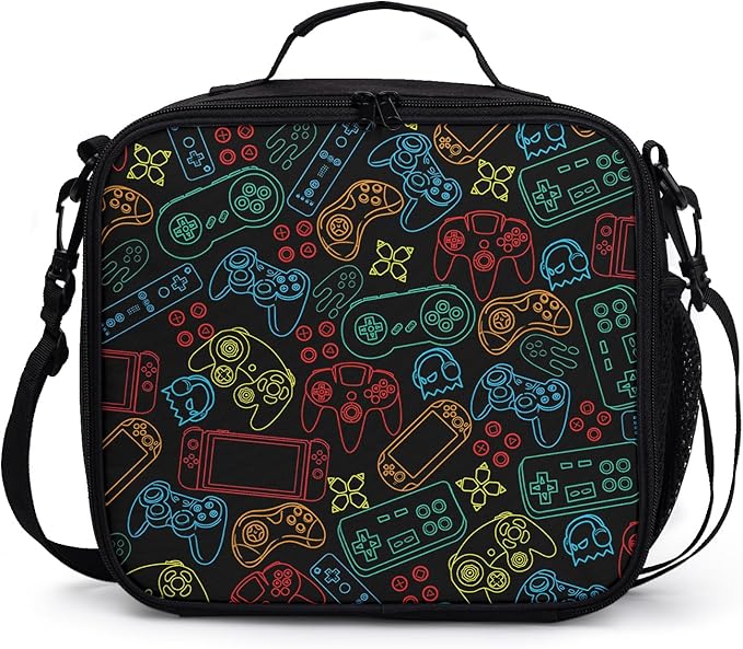 Gaming Black Lunch Bag Colorful Game Themed Lunch Boxes for Women/Man Office Work Travel School Work Picnic Durable Reusable Insulated Large Lunch Tote Bag with Adjustable Shoulder Strap