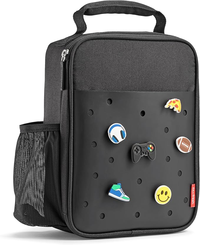Fit & Fresh Lunch Box For Kids, Boys & Girls, School, Camp, Insulated Bag With Shoe Charm Slots For Personalization, Black