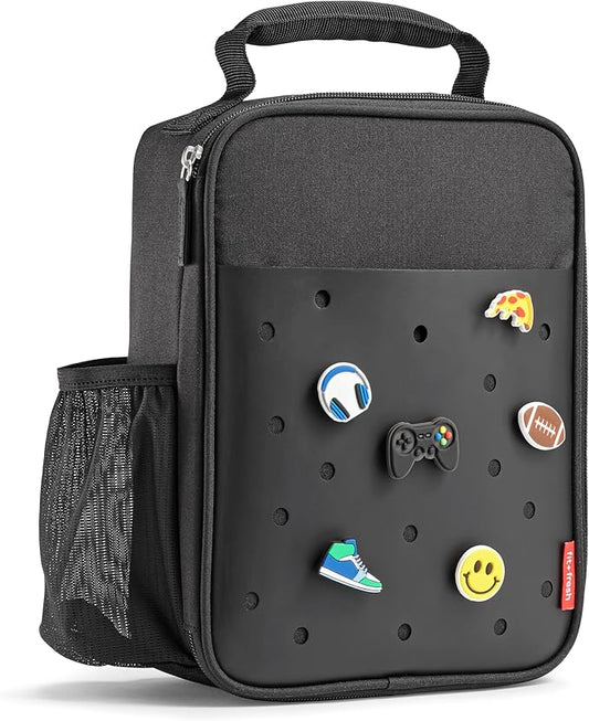 Fit & Fresh Lunch Box For Kids, Boys & Girls, School, Camp, Insulated Bag With Shoe Charm Slots For Personalization, Black