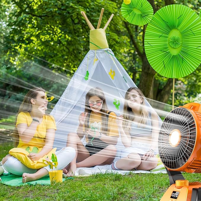 Camping Fan - Rechargeable Portable Battery Powered Camping Fans for Tents with LED Light, Power Display, Timers & 360° Hanging Hook, Ultra Quiet USB Personal Tent Fan for Fishing Travel Home Office