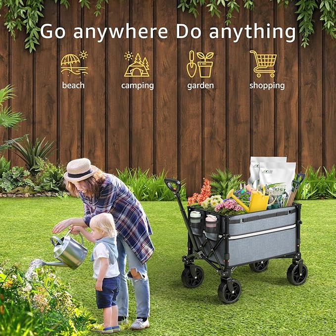 Collapsible Wagon Cart with Wheels Foldable - Folding Utility Heavy Duty Wagons Carts for Grocery Sports Garden Shopping Camping Grey
