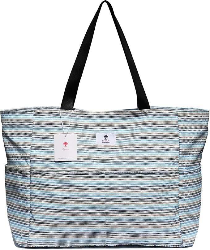 ESVAN Large Foldable Beach Bag for for Women with Dry Wet Compartment Waterproof Sandproof Travel Gym Picnic Handbag