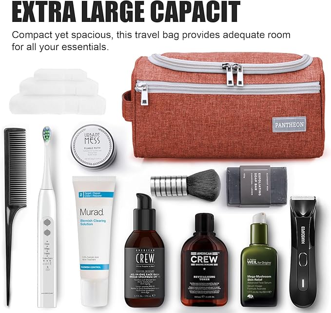 Pantheon Men's Toiletry Bag - Travel Toiletry Bag Wash Bag Hanging Dopp Kit Shaving Kit for Bathroom Shower - Mens Travel Bag Hanging Toiletry Organizer Toiletry Kit for Traveling (Brick Red)