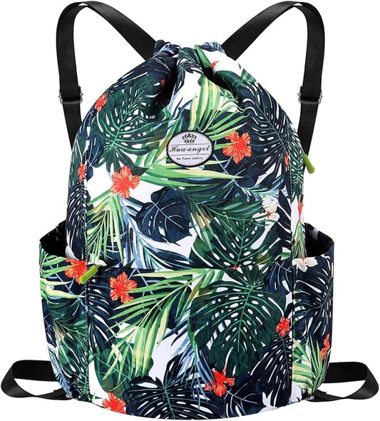 HUA ANGEL Floral Print Drawstring Bag - Lightweight Waterproof Cinch Sackpack with Side Pocket for Men & Women Travel Gym Bag