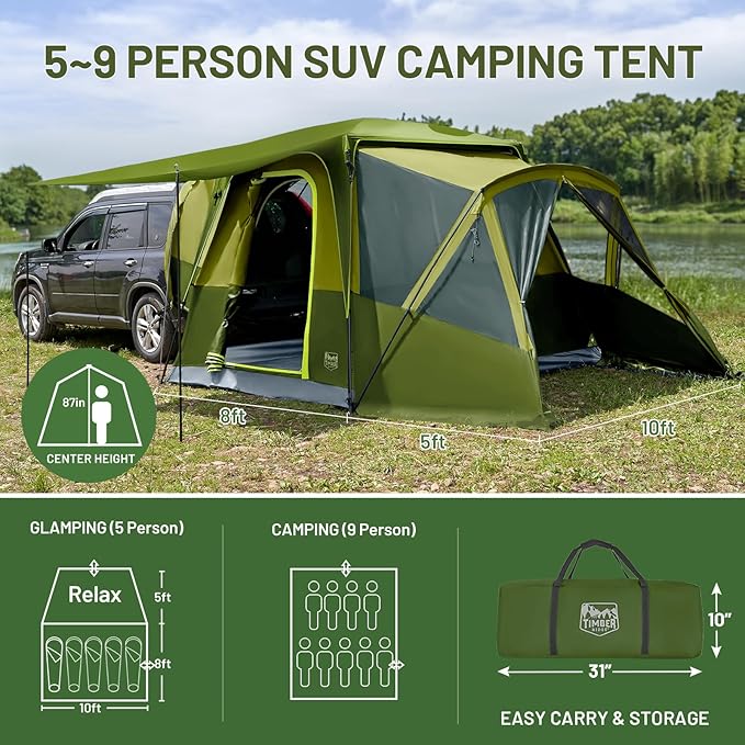 TIMBER RIDGE 5-9 Person SUV Tent with Screen Porch and Awning for Family Camping, Weather Resistant and Portable Van or Car Tent, Includes Rainfly and Storage Bag, 13' W X 10' L X 7.1' H