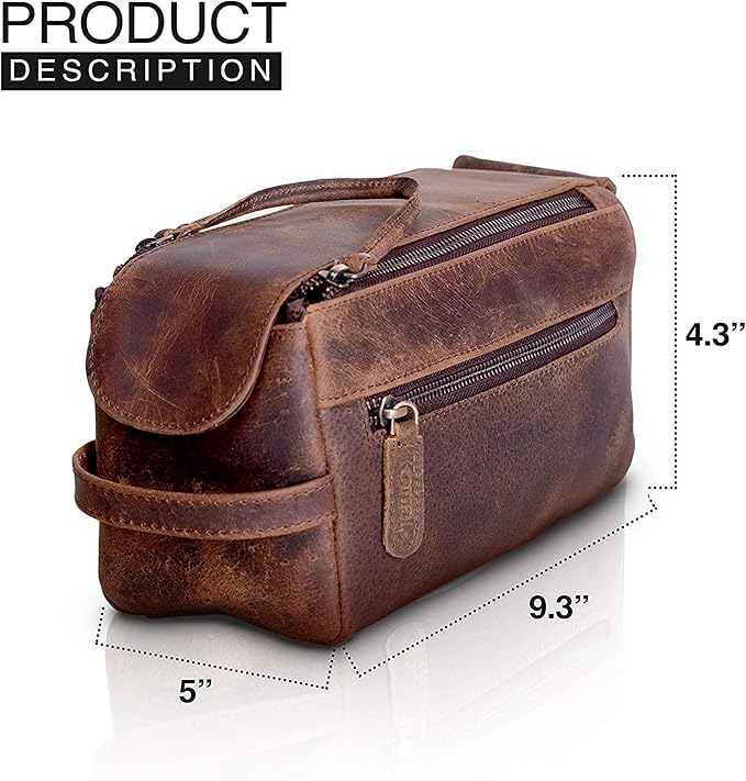 KomalC Premium Buffalo Leather Unisex Toiletry Bag Travel Dopp Kit