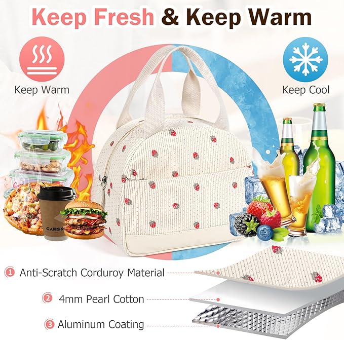 Lunch Box Lunch Bag for Women Men, Leakproof, Insulated Lunch Box Tote with Large Capacity, Lunch Container for Work/Office (Corduroy Strawberry)