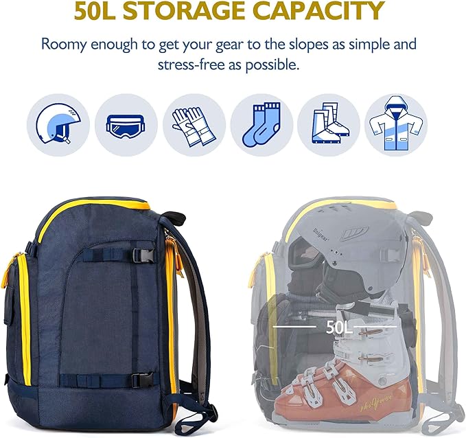 Unigear Ski Boot Bag, 50L Ski Boot Travel Backpack for Ski Helmet, Goggles, Gloves, Skis, Snowboard & Accessories (Blue)