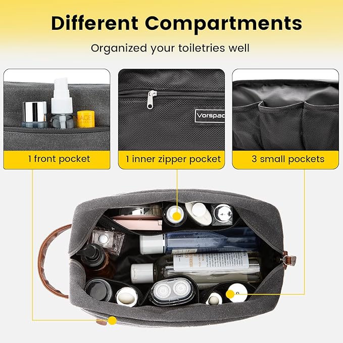 Vorspack Toiletry Bag Hanging Dopp Kit for Men Water Resistant Canvas Shaving Bag with Large Capacity for Travel - Light Grey