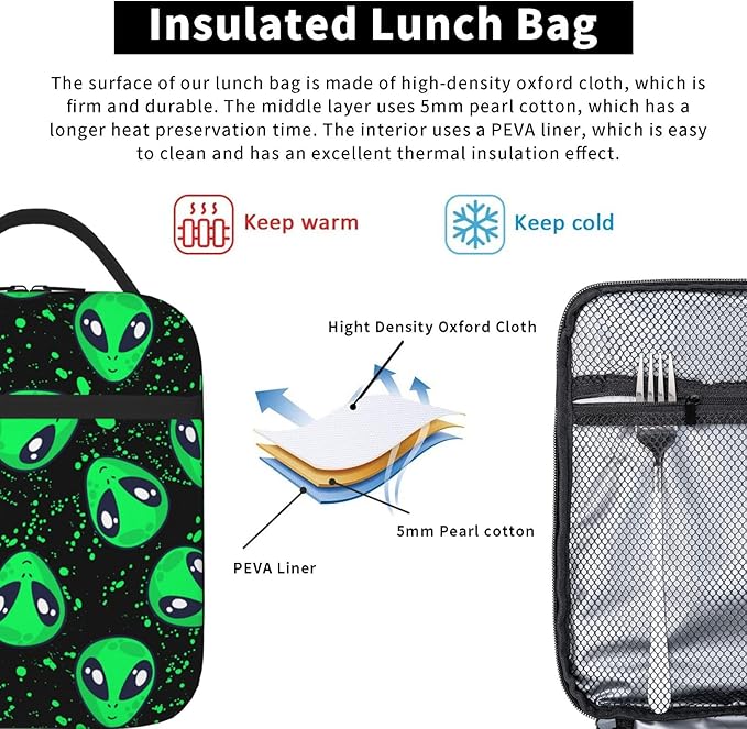 Green Alien Fun Insulated Lunch Bag Reusable Cooler Lunch Box Portable Leakproof Thermal Container Tote Bags for Girls Boys School Travel