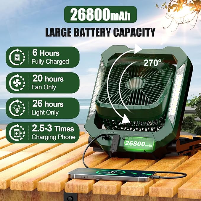 26800mAh Portable Camping fan Rechargeable, 2-in-1 Battery Powered Solar Fan with Detachable Solar Panel, 270° Rotation Personal USB Desk Fan with 3 Speed/Timer/LED Light/Hanging Hook for Outdoor