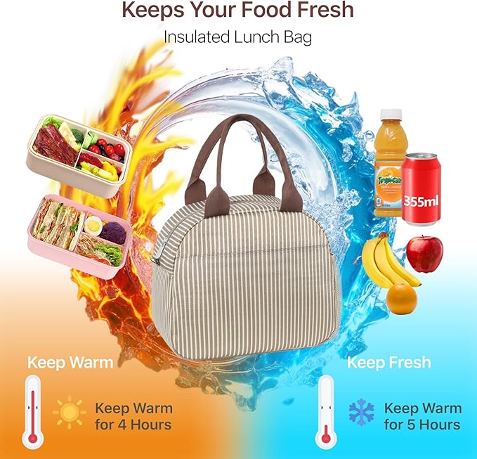 Bagseri Insulated Lunch Bag Women - Reusable Leakproof Thermal Cooler Sack Food Handbags Case High Capacity for Work and Picnic (Khaki White Stripe)