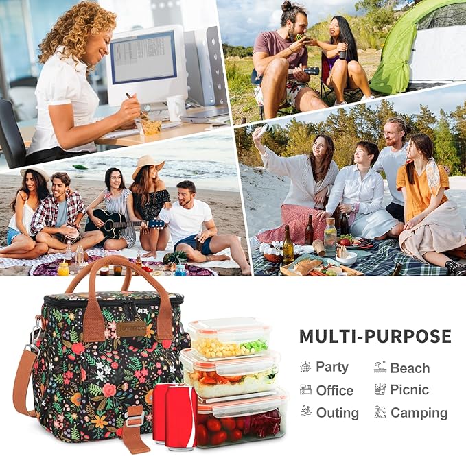 Joymee Large Insulated Lunch Bag for Women Adults, Reusable Waterproof Lunch Box for Work Picnic Camping, Small Lunch Cooler Leakproof Tote with Side Pocket Adjustable Shoulder Strap - Multi-Floral