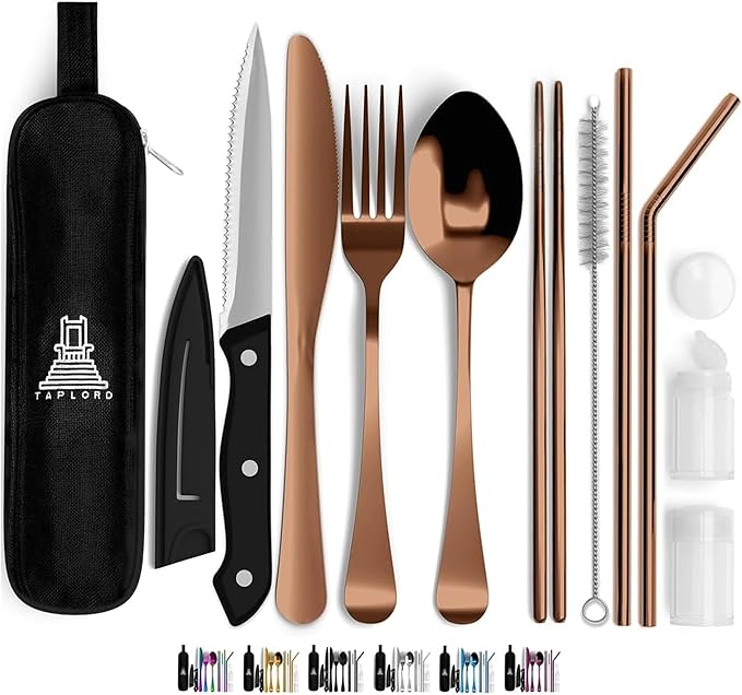 Portable Travel Silverware Set With Case, Includes 10 Pcs of Travel Utensils With Case, Stainless Steel Flatware Set For Camping, Lightweight (Rose Gold)