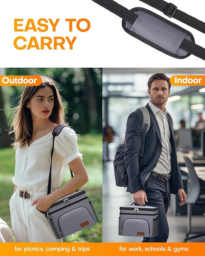 HOTOR Insulated Lunch Box for Men & Women - Leak-Proof Cooler Lunch Bag with 4 Pockets, Adjustable Strap, Ideal for Work, Picnic, Travel - Medium, Light Grey,10.2"×6.9"×8.5"