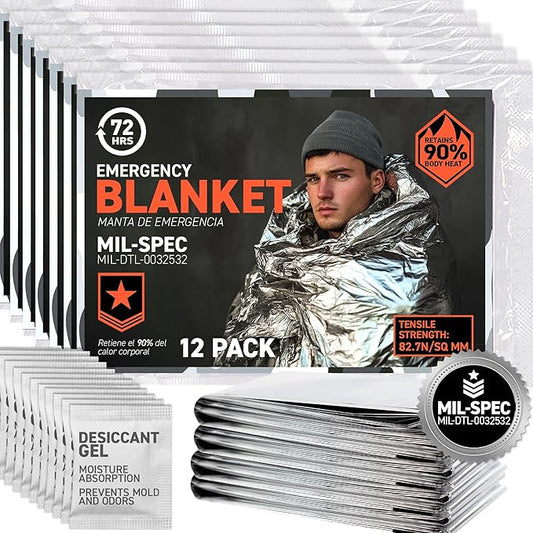 72 HRS MIL-SPEC Emergency Space Blankets Mylar Survival Thermal Blankets for Camping, Hiking, Marathon, First Aid, Extreme Weather, Shelter (12-Pack)