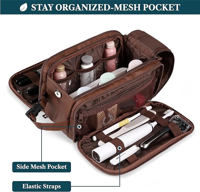PAVILIA Toiletry Bag for Men Women, Mens Travel Bag Toiletries Organizer Case for Grooming, Travel Essentials Shaving Dopp Kit, PU Leather Water Resistant Cosmetic Pouch, Brown