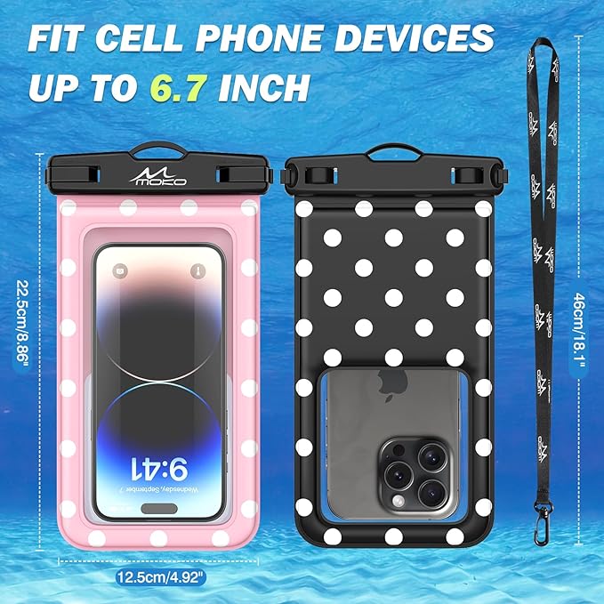MoKo Large Waterproof Phone Pouch - 2 Pack Floating Water Protector Case Dry Bag with Detachable Lanyard, Compatible for iPhone 15 14 13 Pro Max, Galaxy S23 S22 Ultra, Black+Pink