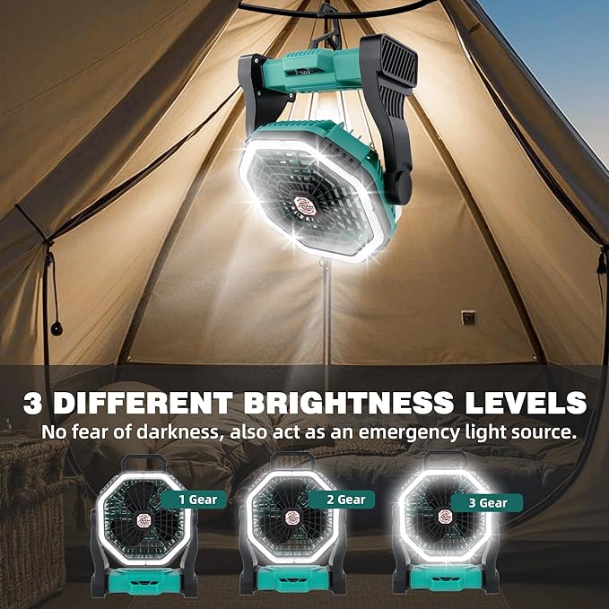 Roykaw Portable Camping Fan with 10400 mAh Rechargeable Battery, 36 Hrs Work, Ultra-bright LED Light & Cordless, Fit for Tent, Fishing, Bedroom, Office, Hurricane