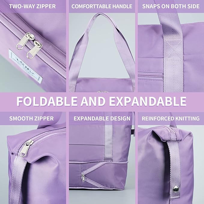 Expandable Travel Duffel Tote Bag - Foldable Overnight Weekender, Carry-On, Swim & Gym Bag - Fits Spirit Airlines Personal Item Size - Lightweight, Waterproof & Durable with Trolley Sleeve,Purple