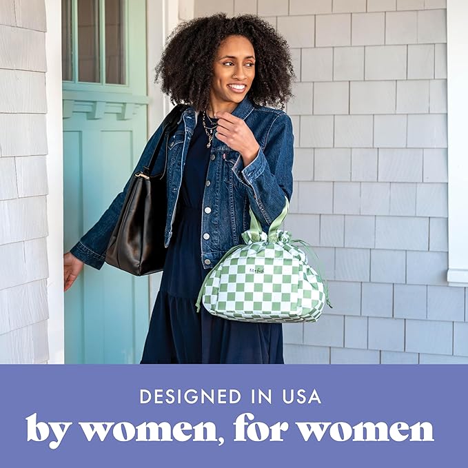 Fit & Fresh Lunch Bag For Women, Insulated Womens Lunch Bag For Work, Stain-Resistant Large Lunch Box For Women With Containers, Cinch Closure Cromwell Pistachio Checker Board