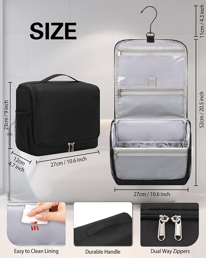 Relavel Toiletry Bag for Men, Hanging Travel Makeup Bag for Women, Waterproof Large Cosmetic Organizer Multiple Compartments for Accessories, Full Sized Toiletries, Dopp Kit Shaving Bag, Black