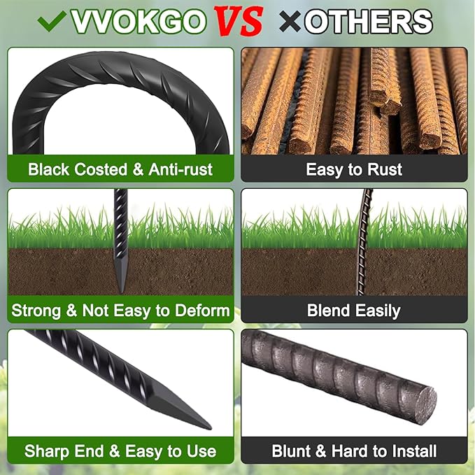 VVOKGO Garden Rebar Stakes J Hook 12 Inch Long Enough 32pcs, Rust Proof Black Coated Steel Trampoline Anchors Tent Stakes Metal Ground Stakes for Lawn Christmas Decorations