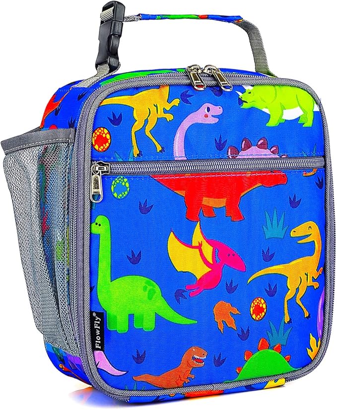 FlowFly Kids Lunch box Insulated Soft Bag Mini Cooler Back to School Thermal Meal Tote Kit for Girls, Boys, Dinosaur