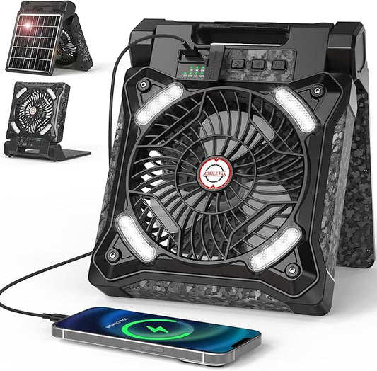 MORECORE 10000mAh 11inch Solar Camping Fan with Dual Charging, 4 Speeds & 3 Light Levels, 36H Run Time, Timer & 90° Adjustable, Portable Quiet Desk Fan for Hiking, Hurricane, Outages, Fishing-Black