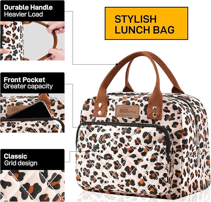 Buringer HOMESPON Lunch Bag for Woman Man Adults with Front Pocket Insulated Lunch Tote Lunch Box Container for Work Picnic or Travel（Leopard）