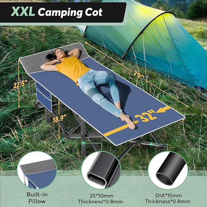 Slendor Oversized XXL Camping Cot, Folding Cot for Adults, 79" L x 32" W x 19" H Sleeping Cot with Mattress, Carry Bag, Camp Cot Bed for Travel, Guest, Support 500lbs, Blue Cot+ Grey Pad