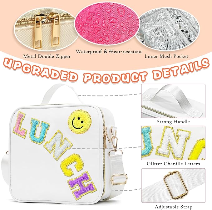 Insulated Lunch Bag Women Lunch Box Kids for Teen Girls Boys, Cute Preppy Lunch Boxes With Adjustable Shoulder Strap, Waterproof Nylon Lunchbox Lunch Bags for School Work Picnic (White)