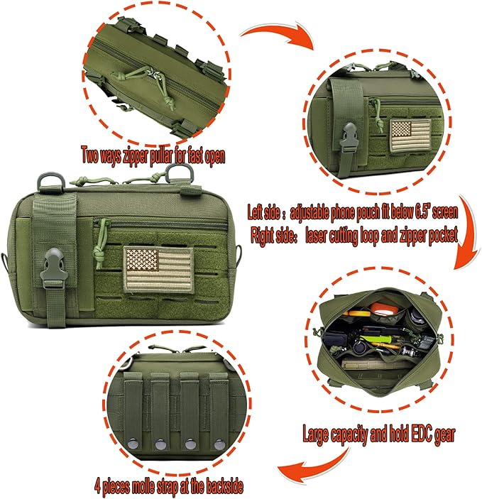 Molle Admin Pouch with Laser Cutting Loop,Car EDC EMT Molle Pouches, Large Capacity Tactical Pouch, EDC Pouch Organizer Include US Flag