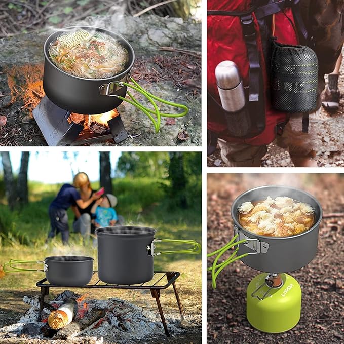 Camping Cookware Mess Kit Backpacking Pot Gear Camping Cooking Pots and Pans Set Camp Kitchen Equipment Accessories Green 4.88 x 6.57 inch