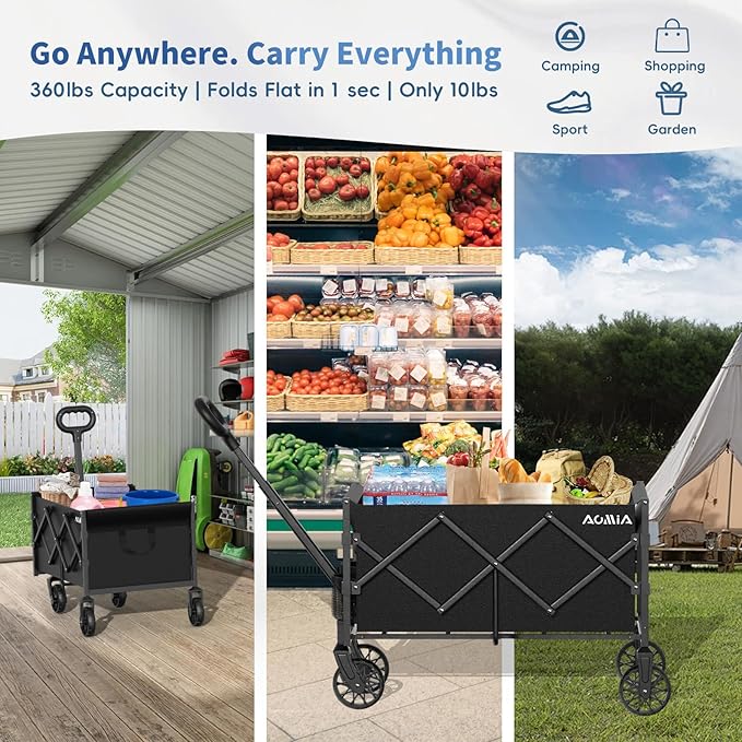 Collapsible Foldable Wagon with Wheels Heavy Duty Folding Wagons Carts 360LBS Weight Capacity Portable All Terrain Utility Wagon Cart for Groceries Sports Garden Shopping Camping Beach Fishing