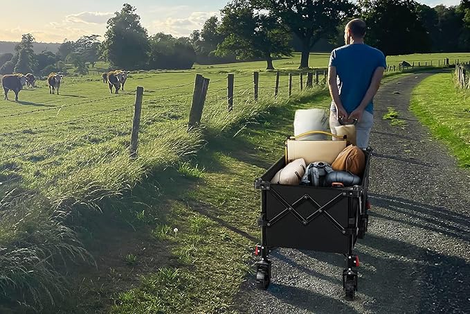 Camping Wagons Carts Foldable, Leonyo 220lbs Beach Collapsible Wagon with Wheels, Heavy Duty Grocery Cart on Wheels for Pet, Shopping, Groceries, Garden, Outdoor Activities, Black