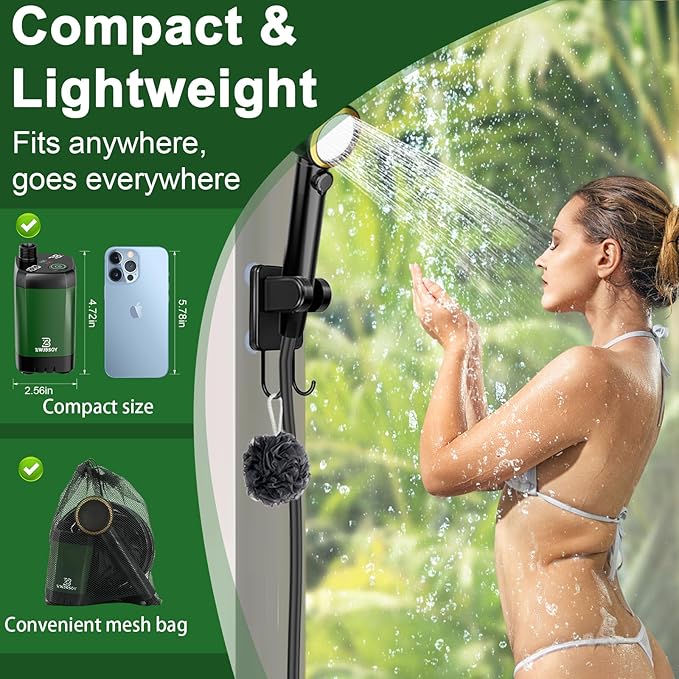 Portable Shower for Camping, Rechargeable Camping Shower Pump, 4 Spray Modes, Smart Intelligent LED Display Outdoor Camp Shower Kit or Camping, Hiking, Traveling, Pet
