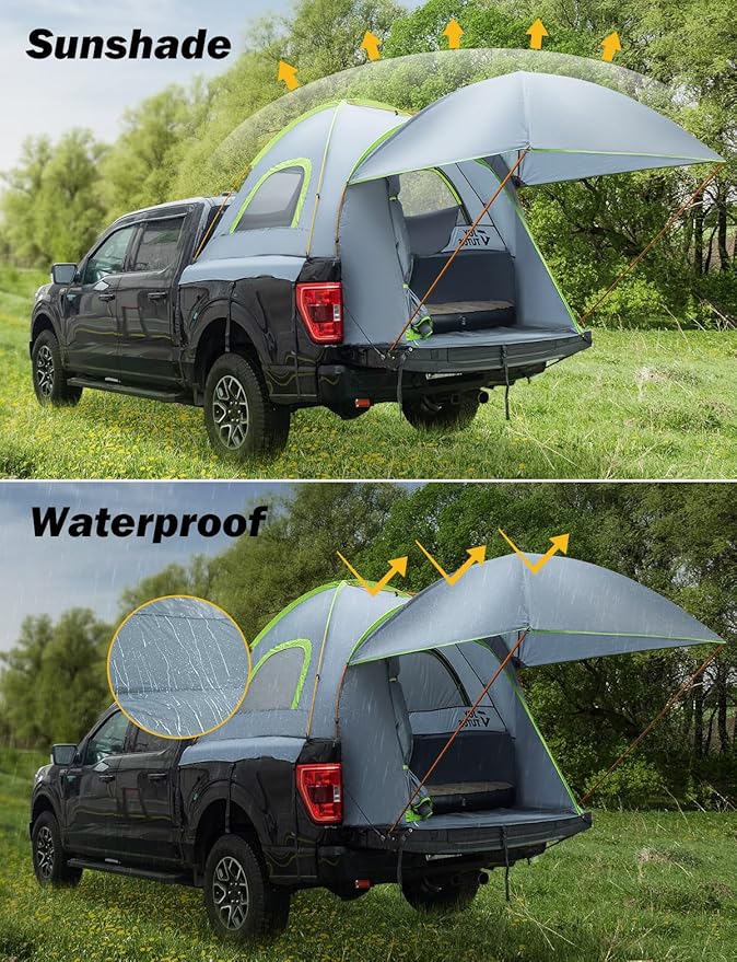 JOYTUTUS Pickup Truck Tent 5.5ft Bed Tent with Removable Awning, Waterproof PU2000mm Double Layer for 2 Person, Portable Truck Bed Tent - Green, Aluminum Pole
