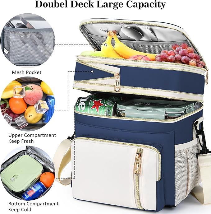 Lunch Box & Lunch Bag for Women Men, Large Insulated Adult Lunch Box Leakproof Lunchbox Cooler Bag for Work Picnic Beach,16L, Dark Blue & White