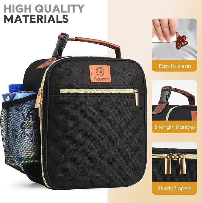 Lunch Box Reusable Lunch Bag for Men Women Kids Adults,Insulated Lunch Bag Waterproof Lunch Boxes Cooler,Small LunchBox With Side Pockets for Work Office School Travel Picnic-Black