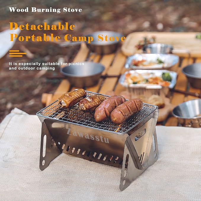 Portable Backpacking Stove with Grill Grid, Folding Stainless Steel Charcoal Grill, Ultralight BBQ Wood Burning Camp Stove for Hiking Picnic Garden Backyard Cooking