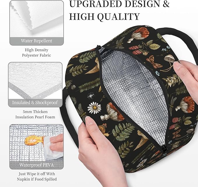 Mushroom Lunch Bag Lunch Box for Women Men Boys Girls, Reusable Insulated Lunch Tote Bag, Leakproof Thermal Cooler Sack Food Handbags High Capacity for Work School Picnic Camping Gifts